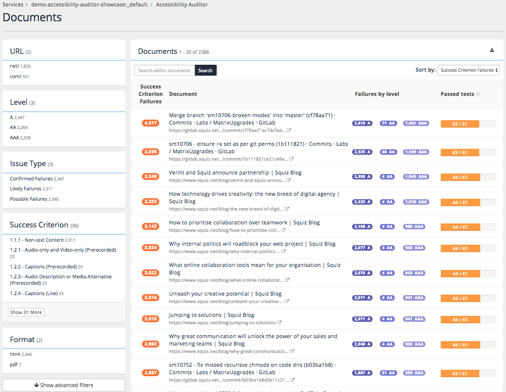 A screenshot showing the document list with filters in the Accessibility Audior