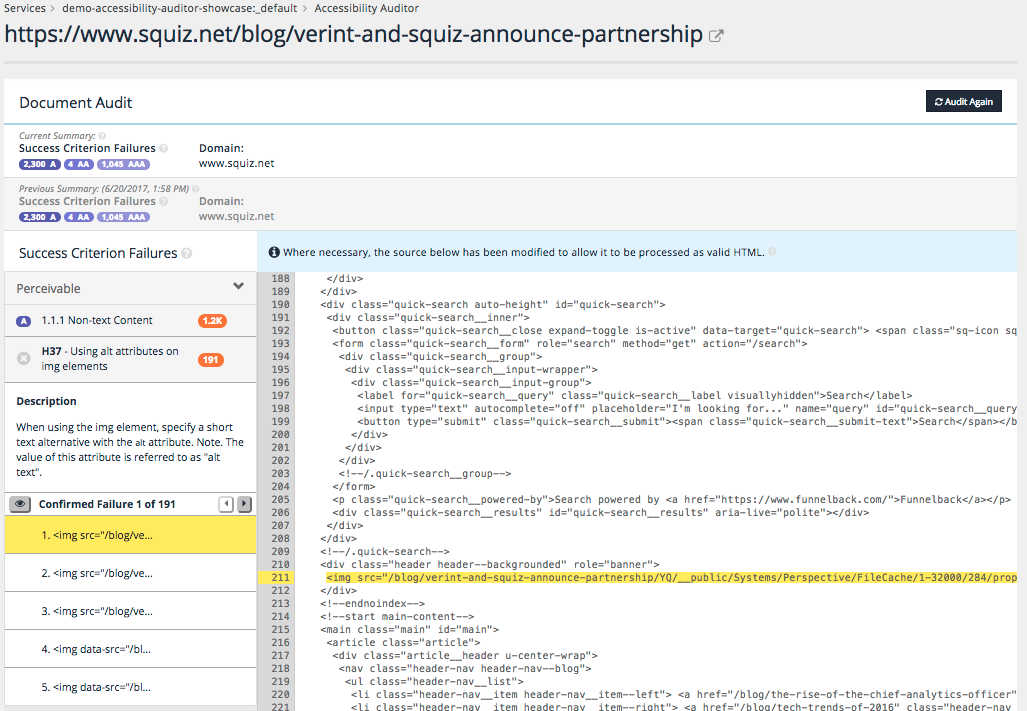 A screenshot that shows how the Accessibility Auditor highlights errors in the source code of your site.