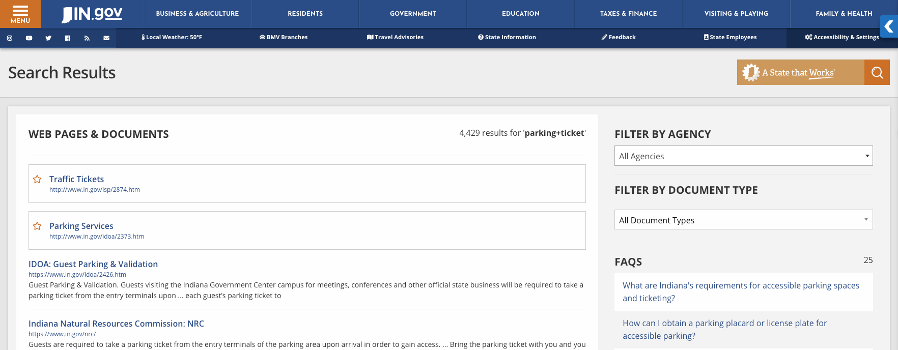 Indiana.gov showing a promoted result for the query "parking ticket"