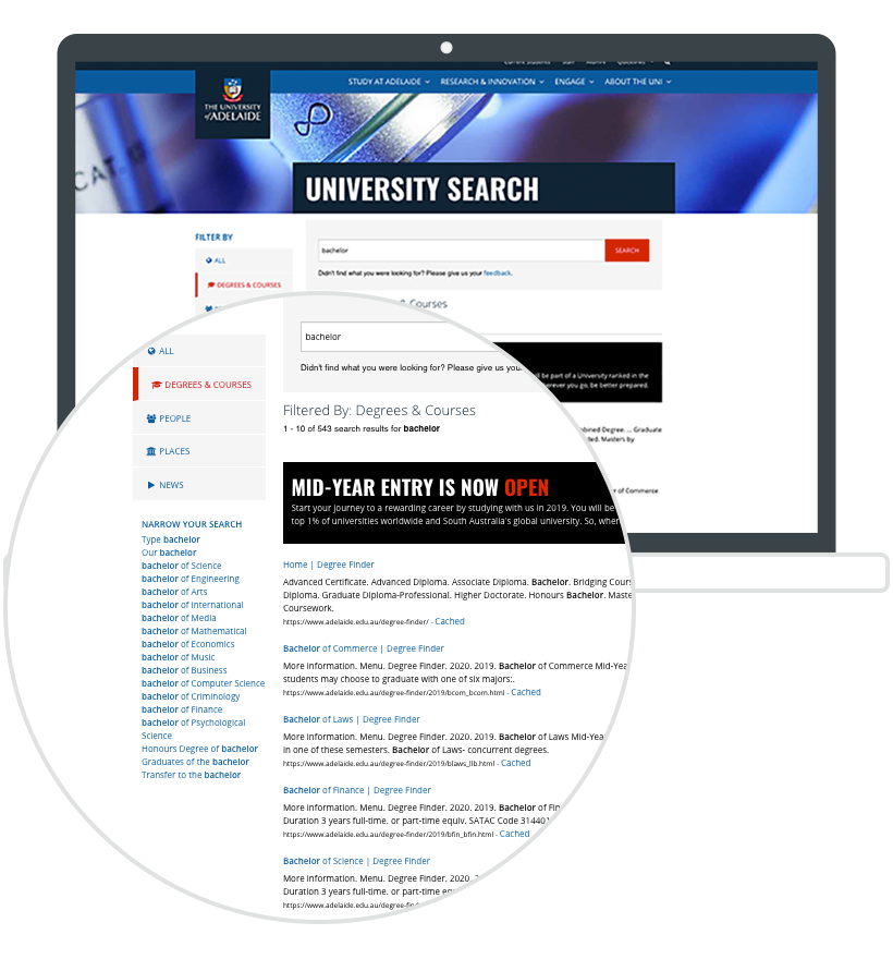 An open laptop with adelaide university site search displayed