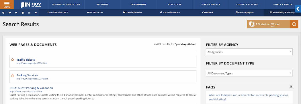 Indiana.gov search results page with a promoted result for parking ticket