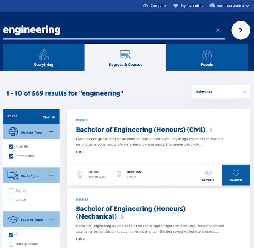 University of SA search result page with query 'engineering